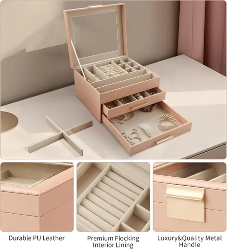 Miniatura 4 de Joyero con parte superior transparente, organizador grande de 3 capas para mujeres, aretes, anillos, collares, organizador de almacenamiento