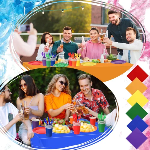 Miniatura 3 de Tegeme 258 piezas de suministros de fiesta arcoíris para 36 invitados, incluyen platos de papel coloridos, tazas, servilletas, tenedores