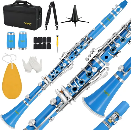 Clarinete BB para estudiantes principiantes Clarinete plano B Clarinete de 17 teclas con correa de soporte de estuche, 2 barriles, 8 boquillas, Azul