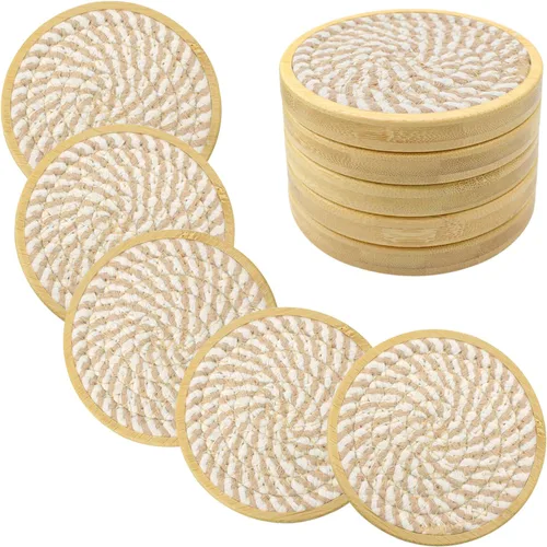 Miniatura 12 de Eykao Paquete de 5 posavasos absorbentes para bebidas, posavasos tejidos de 4.3 pulgadas para mesas de café, posavasos de madera para protección