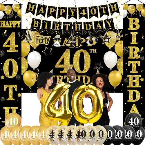 Kit de 32 piezas de decoración de cumpleaños 40 para hombres y mujeres, pancarta de feliz cumpleaños número 40, globos colgantes de remolinos para