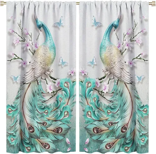 Miniatura 18 de Cortina opaca con estampado de pavo real, con estampado de animales retro, con bolsillo para cortinero y flores de peonía doradas, para dormitorio