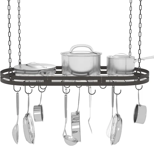 Miniatura 10 de Estante colgante para ollas y sartenes de 33 pulgadas, soporte de techo negro con 15 ganchos, estante cuadrado de metal resistente para ollas