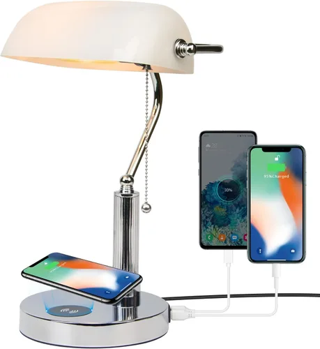Miniatura 13 de FIRVRE Lámpara de Escritorio de Banco de Vidrio con Puerto de Carga Inalámbrica USB Lámpara de Escritorio LED Lámpara de Mesa con Cadena de Tirón