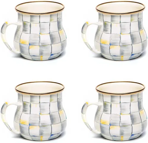 Miniatura 12 de MACKENZIE-CHILDS Taza de esmalte, linda taza de café y té de esmalte, vajilla única, 16 onzas, cuadro de corte negro y blanco, juego de 4
