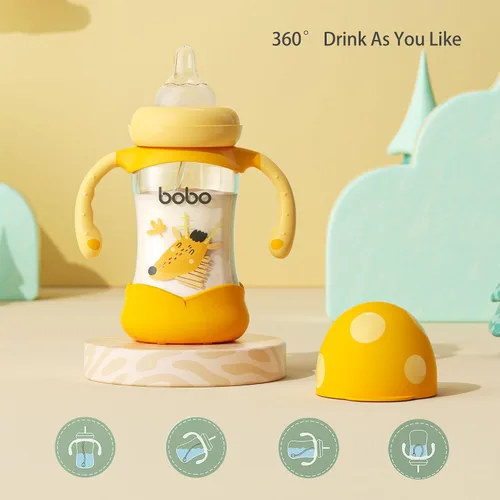 Miniatura 7 de YOHKOH Biberón de vidrio natural con pezón de respuesta natural, biberones de cuello ancho con asa, juego de biberones anticólicos para recién