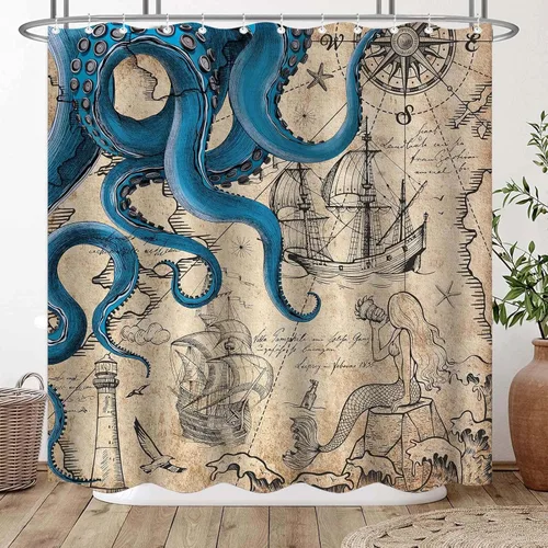 Miniatura 12 de Fungarth Cortina de ducha de pulpo náutico azul, sirena azul marino, divertida cortina de ducha estilo kraken del océano para baño, ancla fresca