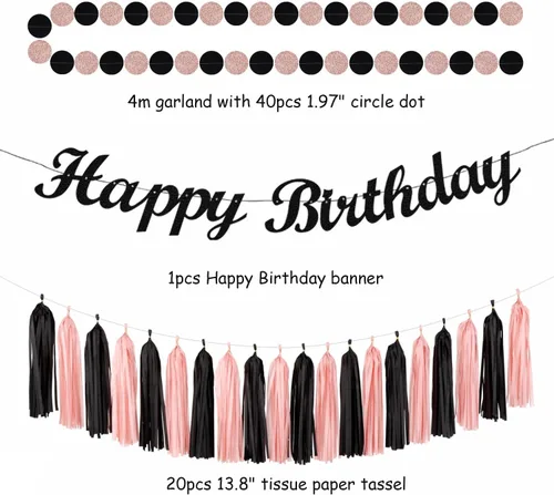 Miniatura 3 de Cartel de feliz cumpleaños rosa y negro para decoración de fiesta – 31 piezas de oro rosa 14º 40º para mujeres y niñas, faroles de papel
