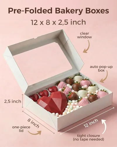 Miniatura 3 de 20 cajas de galletas con ventana de 12 x 8 x 2.5 pulgadas, cajas grandes de panadería, caja de regalo desplegable automática para postres, fresas