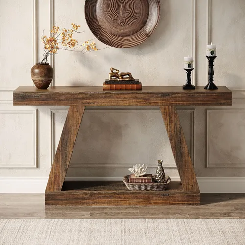 Miniatura 3 de Tribesigns Mesa consola de granja, mesa de sofá rústica de 55 pulgadas con almacenamiento, mesa de entrada de madera industrial para pasillo, sala