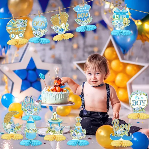 Miniatura 6 de Tarklanda 12 centros de mesa de nido de abeja para baby shower, decoración de fiesta para niños, diseño floral azul dorado con texto en inglés "It's