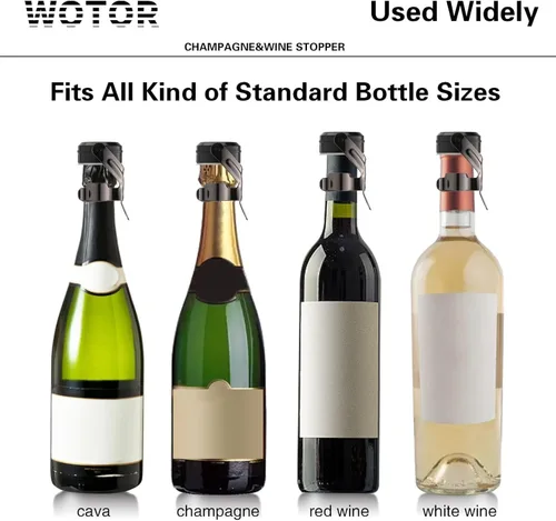 Miniatura 5 de WOTOR Tapones para botella de vino y champán de acero inoxidable con silicona de grado alimenticio, a prueba de fugas, se mantienen frescos, Negro