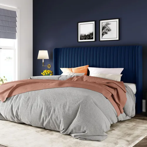 Miniatura 24 de Allewie - Base de cama tamaño King con cabecera acolchada en terciopelo y diseño acanalado vertical; plataforma de cama tapizada; listones de madera