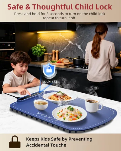 Miniatura 6 de Tapete de calentamiento para alimentos, bandeja de calentamiento eléctrico de calentamiento rápido mejorada con 7 niveles de temperatura y 8 Azul