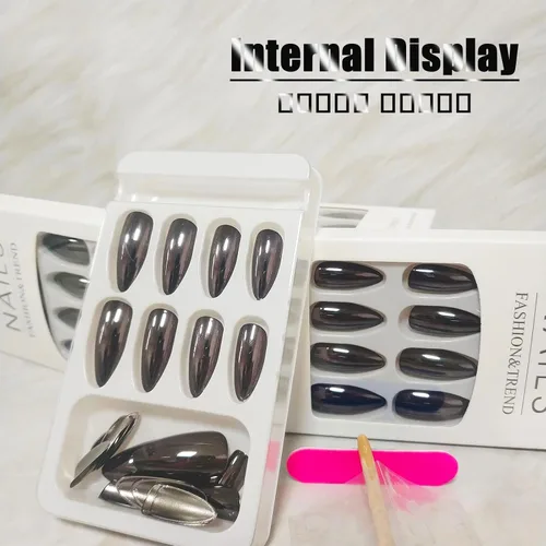 Miniatura 4 de Uñas postizas cromadas negras a presión de almendra mediana, uñas postizas de aguja con diseño brillante, uñas postizas acrílicas de metal brillante