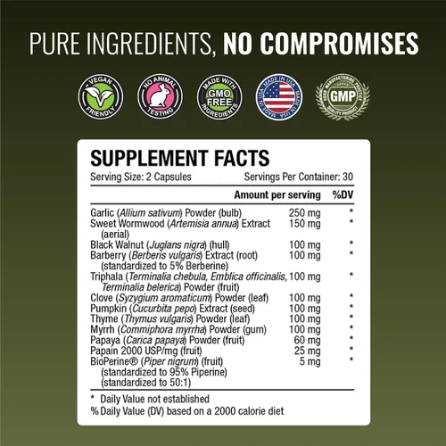 Miniatura 4 de Approved Science Parastrin - 60 Cápsulas - Nuez negra, bulbo de ajo, papaína 2000, BioPerine - Vegano