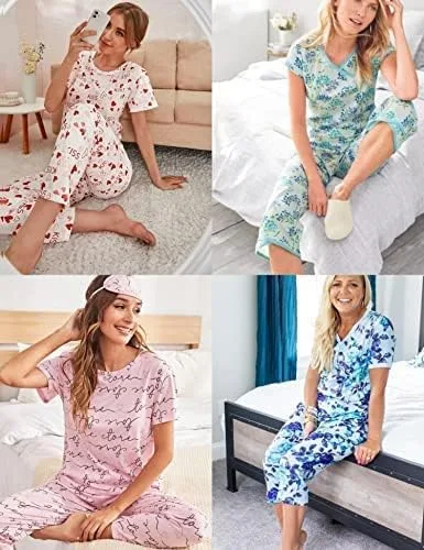 Miniatura 3 de Ekouaer Pijamas de manga corta para mujer, ropa de dormir y pantalones capri, conjuntos de pijama con estampado lindo con bolsillos S-XXL