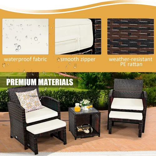Miniatura 8 de Tangkula Patiojoy - Juego de muebles de patio de mimbre de 5 piezas con funda impermeable, sillas acolchadas para exteriores y otomanas con mesa