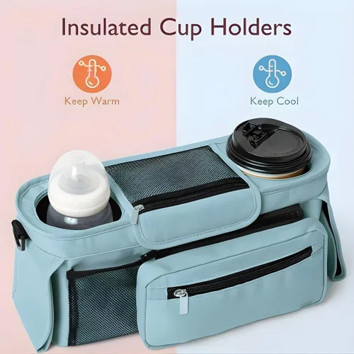 Miniatura 2 de Organizador de cochecito con portavasos aislados, organizador universal azul para cochecito de bebé con bolsillo desmontable para teléfono
