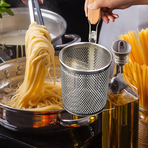 Miniatura 7 de Tessco for you 6 cestas de pasta de acero inoxidable con mango de madera, colador de pasta, colador de malla de cocina, colador de fideos de araña