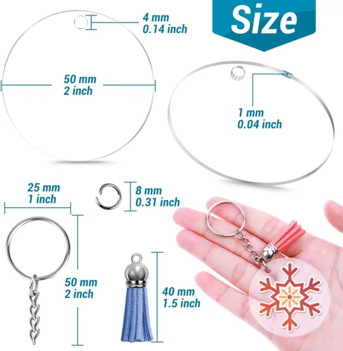 Miniatura 5 de 350 llaveros acrílicos en blanco Cludoo Clear Acrylic Ornament en blanco para vinilo con 60 piezas en blanco, 60 borlas de llavero, 170 anillos
