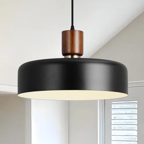 Miniatura 2 de Lámpara colgante industrial, lámpara colgante de cúpula de madera de goma con pantalla de metal martillado de 15.8 pulgadas, lámparas modernas Negro