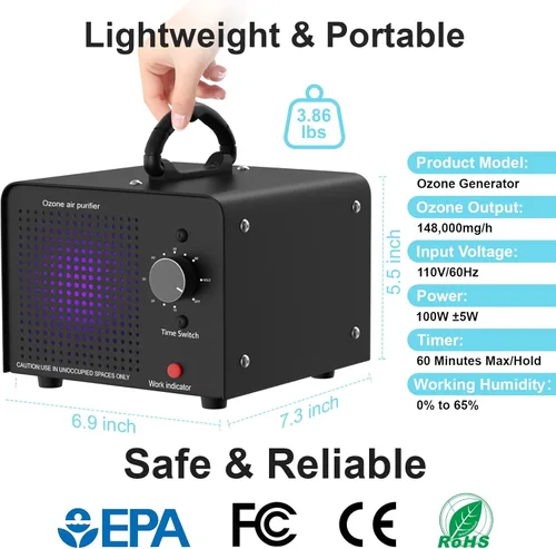 Miniatura 4 de PROGRACE Generador de ozono 148,000 mg/h - Máquina comercial de ozono - Purificador de aire de iones negativos, desodorante ionizador de O3 de alta