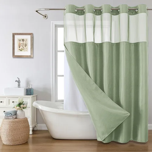 Miniatura 12 de eachope Cortina de ducha negra sin gancho con forro de tela a presión, cortinas de ducha de tejido gofre para baño, juego de cortinas de baño