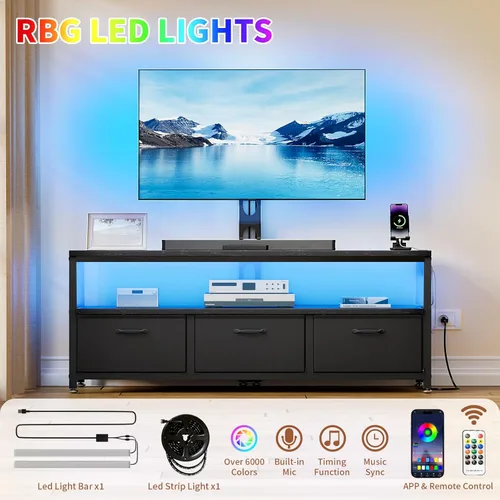 Miniatura 2 de JUSTOGO Soporte de TV con montaje y toma de corriente, soporte de TV con montaje y almacenamiento para sala de estar, centro de entretenimiento