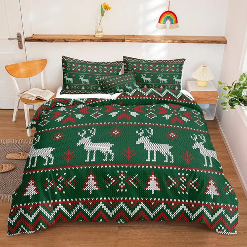 Miniatura 43 de Juego de ropa de cama de Navidad con funda de edredón de copos de nieve, color blanco y rojo, con estampado navideño, juego de ropa de cama festiva