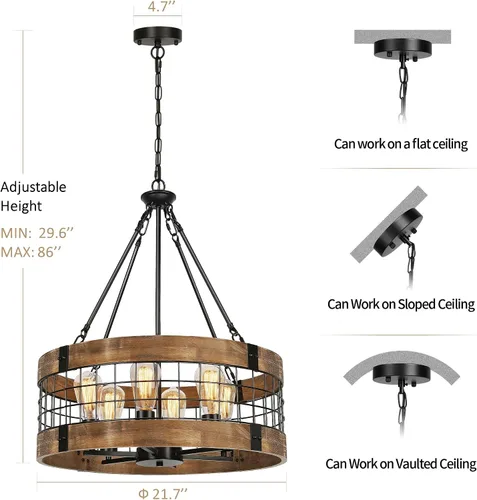Miniatura 2 de Candelabro de madera de granja de 6 luces para comedor, lámparas rústicas para vestíbulo, luces colgantes de tambor industrial para entrada de isla