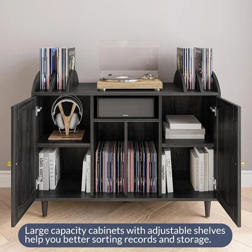 Miniatura 3 de BELLEZE Mid-Century - Soporte para tocadiscos, gabinete de almacenamiento de vinilo de ratán para más de 350 álbumes, mesa giratoria con toma