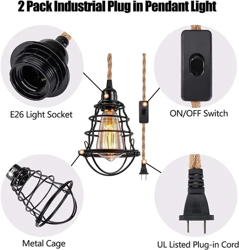 Miniatura 4 de Asnxcju Lámpara colgante industrial enchufable, luces colgantes vintage con cable de enchufe, lámpara colgante de jaula de metal con cuerda