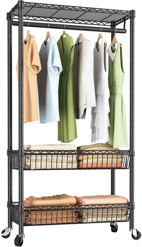 Golpart Perchero de Ropa Resistente con Ruedas, Perchero Rodante para Prendas, Estanterías de Alambre Ajustables para Colgar Ropa con Colgador y