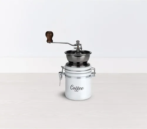 Miniatura 2 de Twine Molinillo de café vintage de mano, diseño manual ajustable con mango de madera y tarro de cerámica blanca, juego de 1