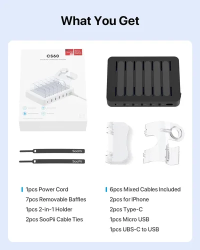 Miniatura 5 de SooPii - Estación de carga PD de 6 puertos para múltiples dispositivos, carga rápida USB C PD de 20 W para iPhone 14/13/12, incluye 6 cables cortos