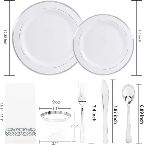 Miniatura 3 de BUCLA 350 platos de plástico plateado con cubiertos y servilletas de plástico desechables. Vajilla de plástico con borde plateado que incluye 50