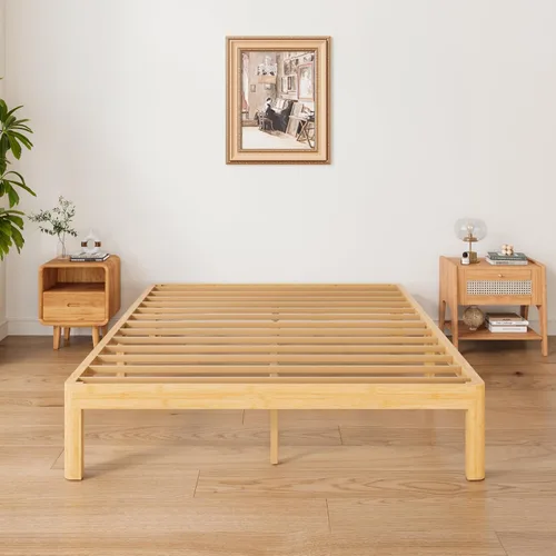 Miniatura 4 de ZIYOO Marco de cama de plataforma de bambú de tamaño matrimonial de 12 pulgadas, diseño minimalista moderno, soporte resistente, fácil montaje,