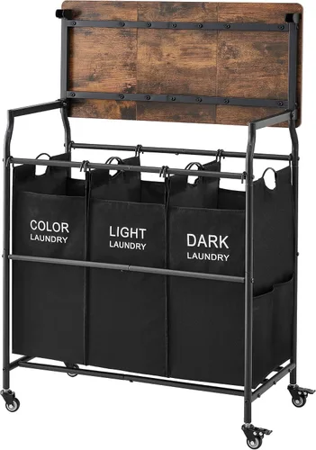 Miniatura 9 de Hoctieon Carrito clasificador de ropa de 3 secciones con tabla de planchar, cesta de lavandería con estante y ruedas rodantes, organizador de cesta