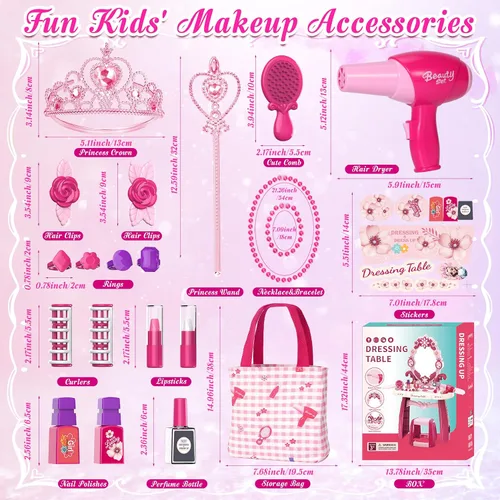 Miniatura 6 de Juego de mesa y silla para niños pequeños, mesa de maquillaje para niñas con luces de espejo y música, juguetes de vestir con secador de pelo
