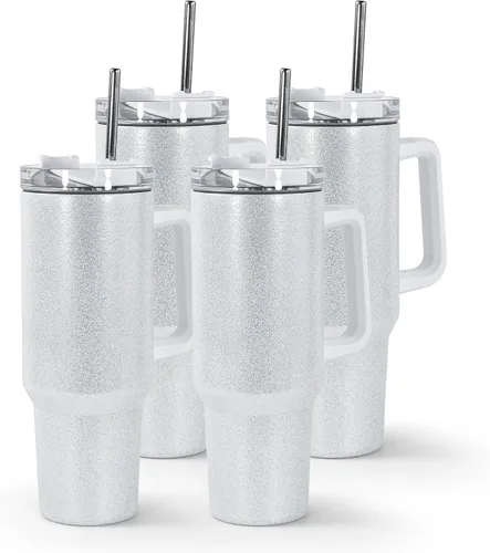 AGH Paquete de 4 vasos de sublimación blancos con purpurina de 40 onzas con popote y tapa de acero inoxidable, vasos aislados al vacío de doble
