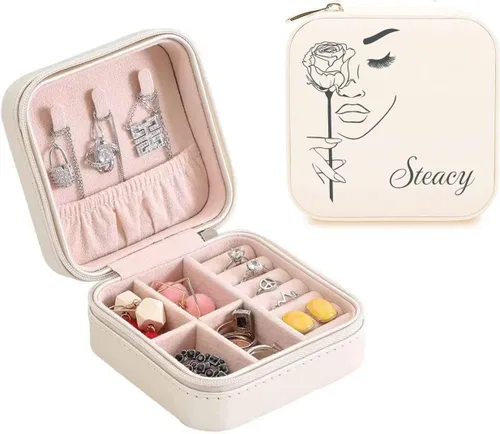 Miniatura 6 de Joyero personalizado con tu nombre y mes de la flor de nacimiento, organizador de joyas de cuero personalizado, estuche de viaje, regalos Negro