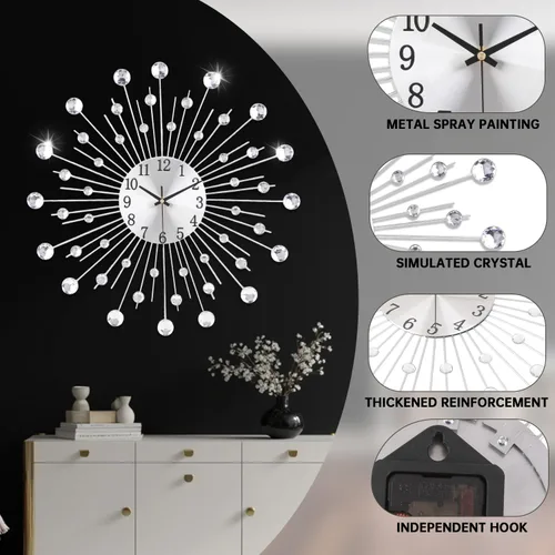 Reloj de pared grande para decoración de sala de estar, sin tictac, silencioso, de metal, reloj de cuarzo, esfera moderna, con diamantes grandes,