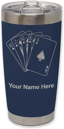 Miniatura 39 de LaserGram Vaso aislado al vacío de 20 onzas, tarjetas de póquer Royal Flush con grabado personalizado incluido (negro)