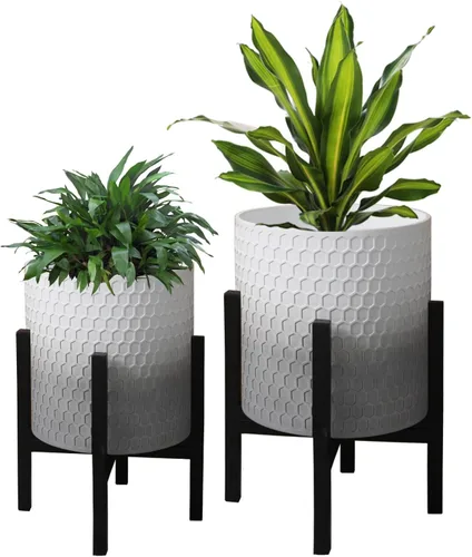 Miniatura 13 de Juego de 2 macetas con soportes, macetas de mediados de siglo para plantas de interior, macetas decorativas modernas para flores para balcón, Blanco