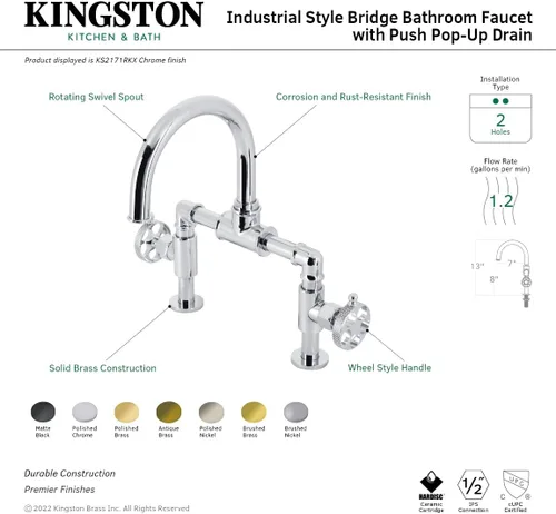Miniatura 3 de Kingston Brass KS2177RKX Webb - Grifo de baño con dos manijas y 2 agujeros para montaje en cubierta con mango moleteado y drenaje emergente