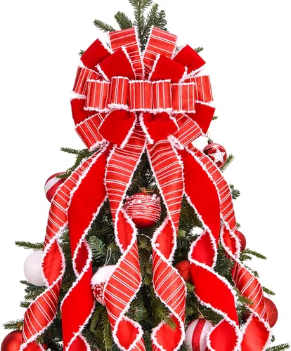 Adorno de lazo grande para punta de árbol de Navidad y corona, lazo con cinta roja de arpillera y borde blanco de poliéster, para hogar, Acción de