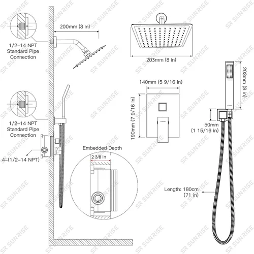 Miniatura 16 de SR SUN RISE ORB - Juego de cabezal de ducha cuadrado y mango de lluvia, accesorios de ducha montados en la pared, kits de reparación de grifo