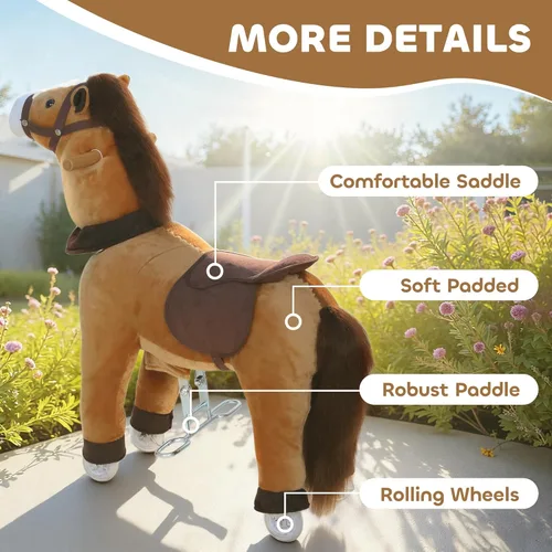 Miniatura 5 de Qaba Caballo para montar para niños de 3 a 5 años, pony de peluche de 29.5 pulgadas de altura, caballo andador con ruedas rodantes para juego