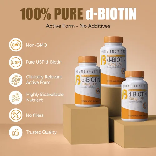 Miniatura 4 de IMMUNOVITES Biotina de dosis alta (como d-biotina, USP) 100mg (equivalente a 100,000mcg) 90 cápsulas, alta potencia